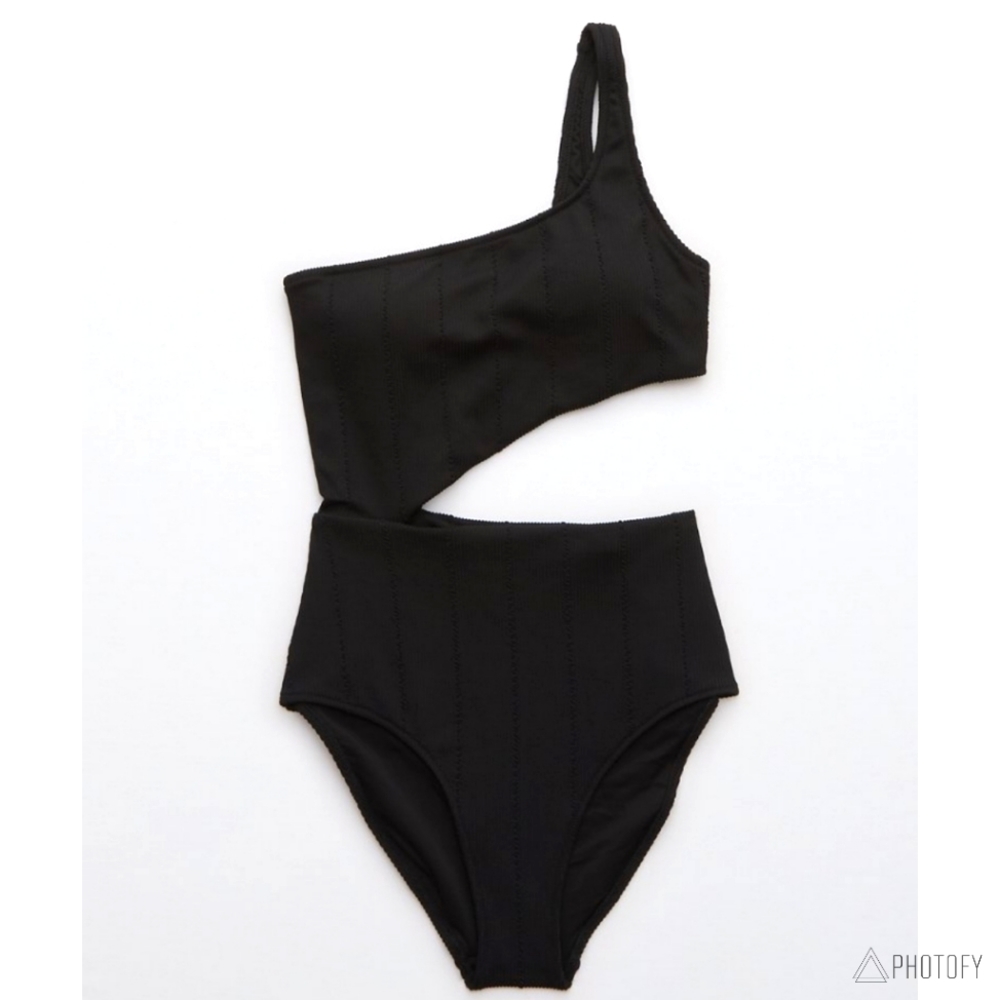 NWT Women's Aerie Asymmetrical Crinkle One Piece Cut Out Swimsuit Bikini Black